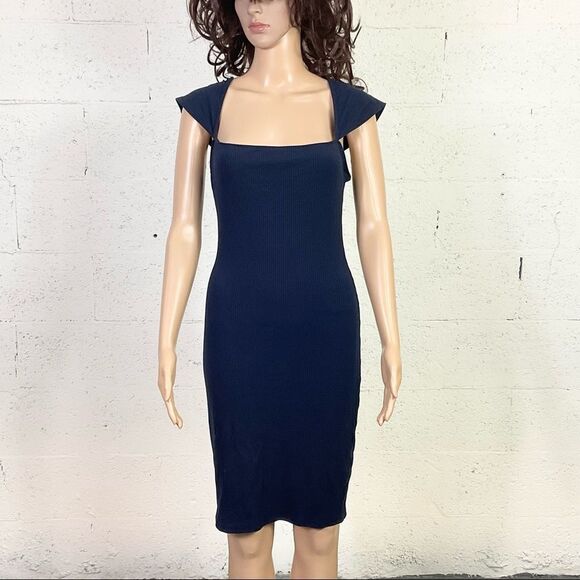 Reformation Navy Blue Ribbed Square Neck Knit Cap Sleeve Mini Shirt Dress M - Picture 3 of 9
